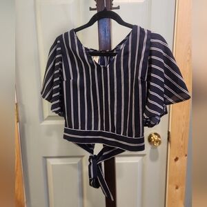 Japna Navy and Cream Striped Tie-Front Crop Top